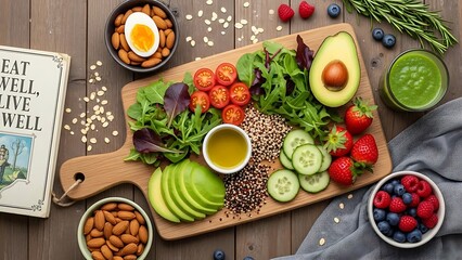 Healthy Gourmet Breakfast Spread with Salmon, Pancakes, and Fresh Fruits