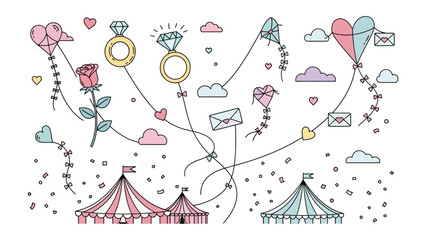 Love-Filled Wedding Carnival: Whimsical illustrations depict a joyful celebration of love, featuring kites, rings, roses, hearts, clouds, and circus tents, all symbolic of a memorable wedding.