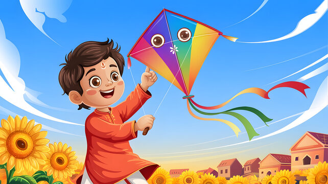 Boy Flying Colorful Kite in Sunny Field with Sunflowers and Houses rainbow blue