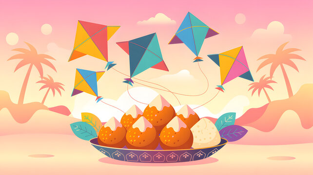 Colorful kites flying over a plate of strawberries with cream in a tropical setting