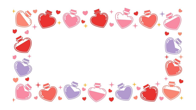 Love Potion Frame: A collection of heart-shaped bottles filled with colorful love potions artfully arranged to form an enchanting frame.