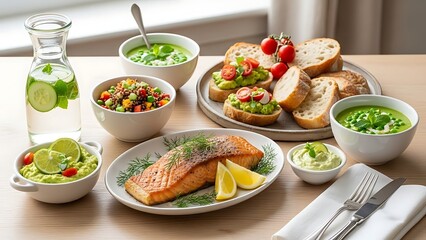 Healthy Gourmet Breakfast Spread with Salmon, Pancakes, and Fresh Fruits