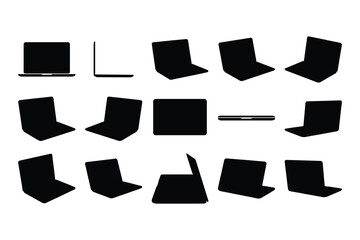 Laptop silhouette vector icons set, notebook computer devices in multiple views, black technology symbols, minimal digital illustration collection