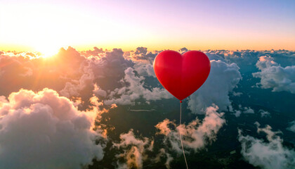 Fototapeta premium Red Heart Balloon Soaring Above Dreamy Clouds at Golden Hour. Symbol of Love, Romance, Hope, and Freedom in a Beautiful Sunset or Sunrise Sky.