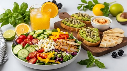Healthy Gourmet Breakfast Spread with Salmon, Pancakes, and Fresh Fruits