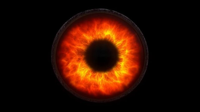 Fiery eye transformation: black orb unveils burning core in dramatic animation sequence