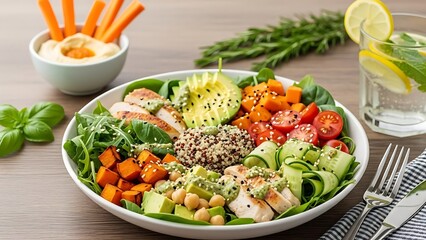 Healthy Gourmet Breakfast Spread with Salmon, Pancakes, and Fresh Fruits