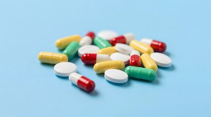 Close up of various medicine pills and capsules on blue background