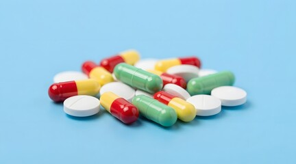 Pile of colorful capsules and tablets against light blue backdrop