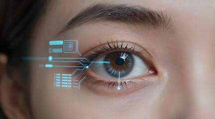 Close up of an eye with futuristic technology interface showing vision and identity data