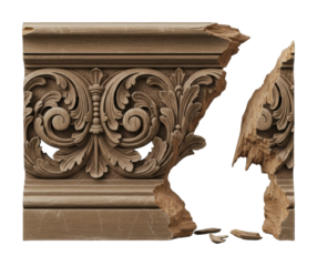 Damaged ornate wood carving detail digital isolated on transparent background