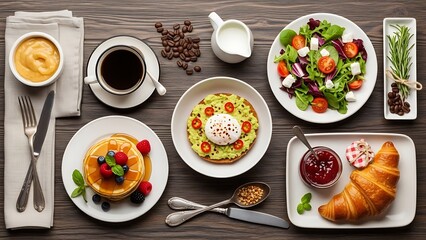 Healthy Gourmet Breakfast Spread with Salmon, Pancakes, and Fresh Fruits