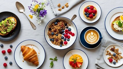 Healthy Gourmet Breakfast Spread with Salmon, Pancakes, and Fresh Fruits