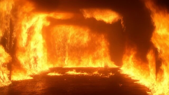 Intense room fire engulfing entire space with raging flames in rapid sequence