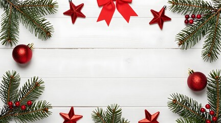 Festive christmas arrangement with evergreen branches, ornaments and stars on white wood