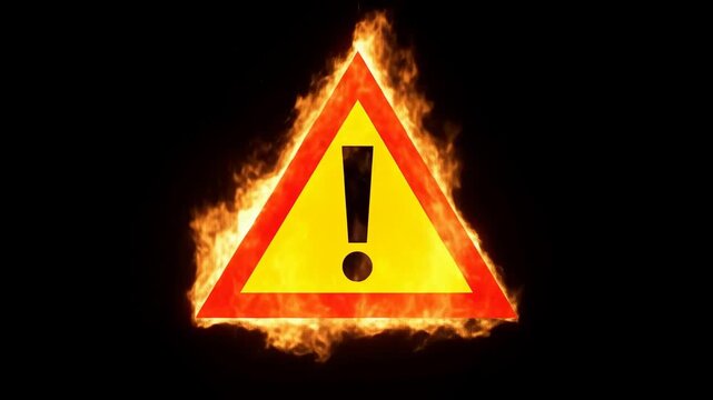 Fiery warning symbol ignites: animated caution sign with burning flames