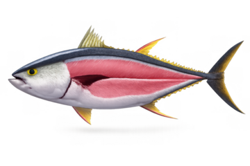 Yellowfin tuna cutaway showing internal anatomy, fresh raw fish for sushi sashimi preparation, transparent background