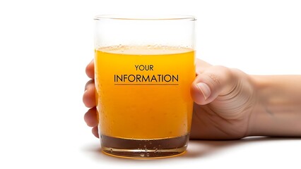 Hand holding glass of orange juice with your information text