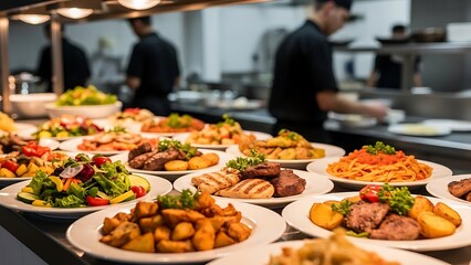 Assorted Hot Meals Served in Restaurant Kitchen