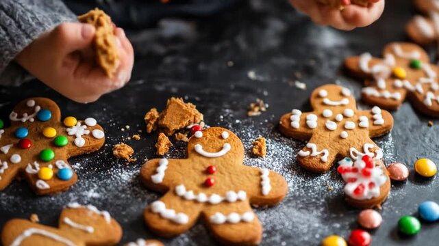 Gingerbread cookies with festive decorations and hands