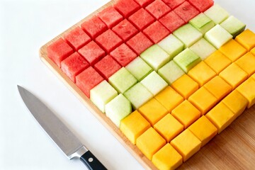 Geometric food art: color blocks of sliced ​​watermelon, melon, and mango