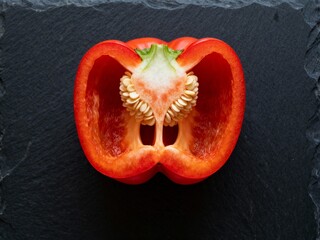 Half of a fresh pepper close-up on a dark background, flat lay, studio lighting