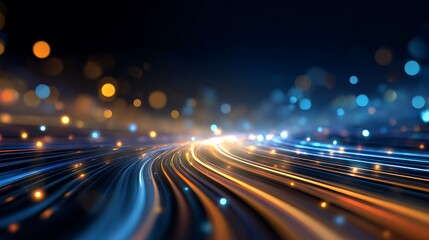 Dynamic, abstract, light trails in vibrant blue and orange hues, representing data flow