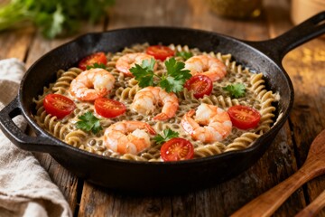 Gluten-free lentil pasta with shrimp and cherry tomatoes