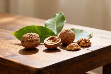 Still life with walnuts on a wooden table. Soft daylight from the side.