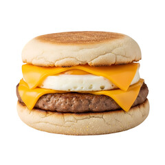 Breakfast sandwich with egg cheese and sausage on toasted English muffin