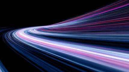 Dynamic, abstract swirl of light trails in shades of blue and pink against a black backdrop