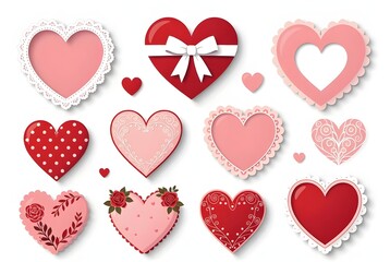 Multiple heart designs featuring lace, roses, dots, and ribbons for creative projects.