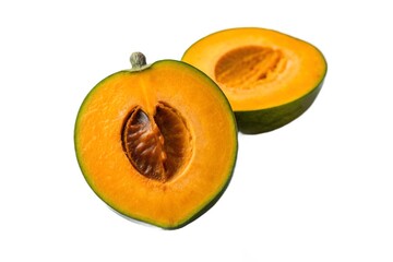 Halved yellow pumpkin isolated on white background