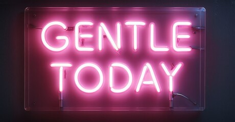 Obraz premium Pink neon sign displays words Gentle Today. Rectangular shape, dark background, modern aesthetic. Simple message, bright illumination.