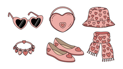 Valentine's Day Fashion Essentials: An array of adorable heart-themed accessories. A pair of sunglasses, purse, bucket hat, necklace, shoes, and a scarf.