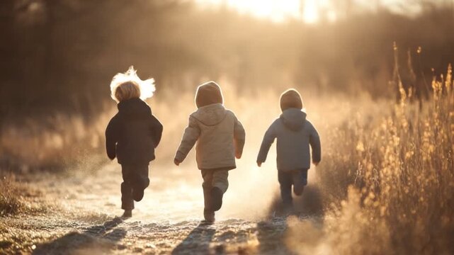 Three children joyfully running through a sunlit field, capturing the essence of carefree childhood and adventure. The warm glow of the sunset creates a magical atmosphere.