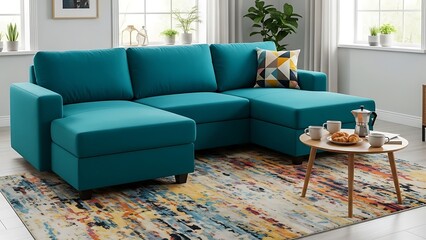 Modern living room with teal sofa and coffee table