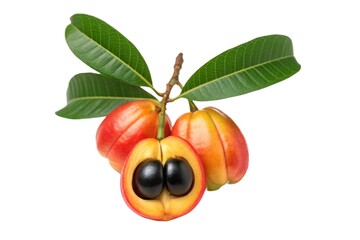 Ripe nutmeg fruits with leaves isolated on white background