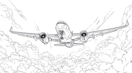 Airplane flying through clouds, graphic illustration, aviation, travel