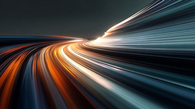 Dynamic visual of light trails curving across a dark, abstract background - Powered by Adobe