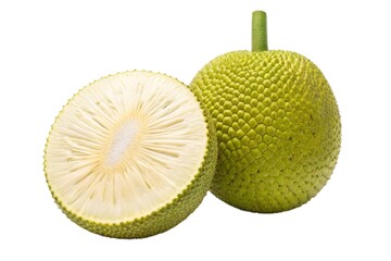 Jackfruit displaying its interior and exterior isolated on white background
