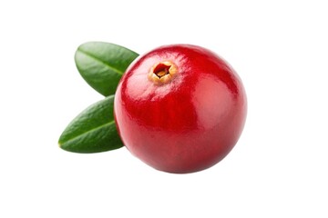 Single red pomegranate with leaves isolated on white background