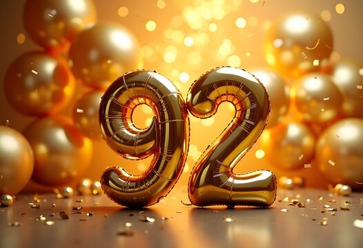 Golden balloons in the shape of the number 92 on a festive golden background	