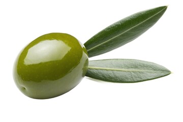 Single green olive with leaves isolated on white background