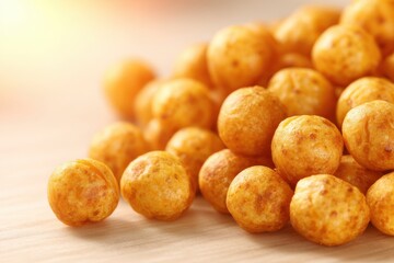 Golden Orange Spherical Food Snacks with Crispy Texture on a Textured Surface