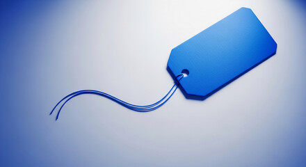 Close-up of a blue tag with string on a gradient background, representing branding, pricing, or gift giving, perfect for e-commerce or retail concepts
