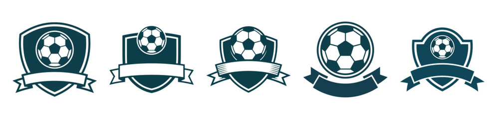 Five different soccer emblems in black and white with ribbon banners for team logos
