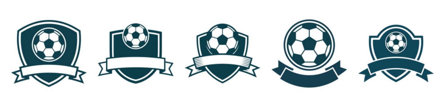 Five different soccer emblems in black and white with ribbon banners for team logos