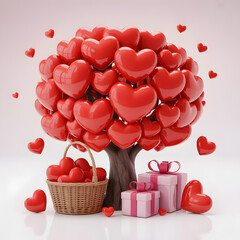 "Heart Tree with Basket of Hearts and Gift Boxes Romantic Love Illustration for Valentine Season"