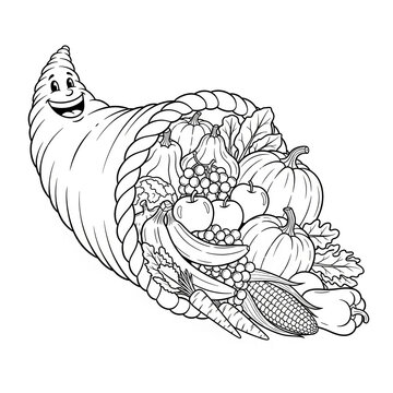  drawing of cornucopia filled with harvest vegetables 